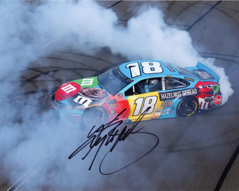 AUTOGRAPHED 2019 Kyle Busch #18 M&Ms Hazelnut Spread POCONO 400 RACE WIN (Victory Burnout Celebration) Signed 8X10 Inch Picture NASCAR Glossy Photo with COA