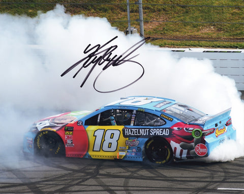 AUTOGRAPHED 2019 Kyle Busch #18 M&Ms Hazelnut Spread POCONO RACE WIN (Victory Burnout) Signed 8X10 Inch Picture NASCAR Glossy Photo with COA