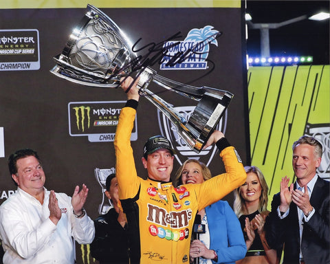 AUTOGRAPHED 2019 Kyle Busch #18 M&Ms Racing NASCAR CHAMPION (Victory Lane) Championship Trophy Signed 8X10 Inch Picture NASCAR Glossy Photo with COA