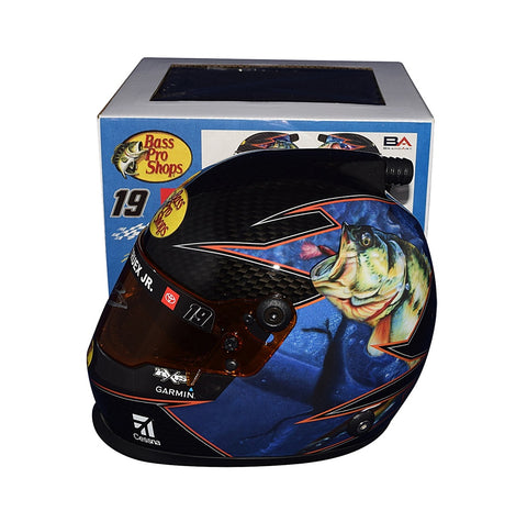 Relive the glory of NASCAR with an autographed 2020 Martin Truex Jr. #19 Bass Pro Shops Mini Helmet, featuring the iconic off-axis paint inspired by Daytona Speedway.