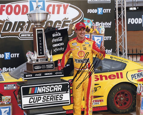 AUTOGRAPHED 2021 Joey Logano #22 Pennzoil Racing BRISTOL DIRT RACE WIN (Victory Lane Trophy) Team Penske Signed 8X10 Inch Picture NASCAR Glossy Photo with COA
