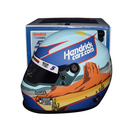 Autographed 2021 Kyle Larson NASCAR CHAMPION Mini Helmet - Front View Front view of the autographed 2021 Kyle Larson NASCAR CHAMPION Replica Mini Helmet, capturing every detail of this memorable racing collectible.