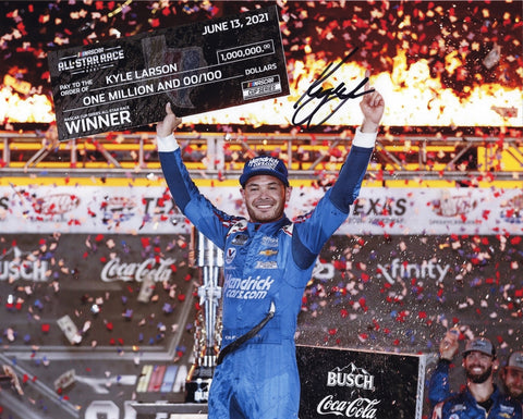 AUTOGRAPHED 2021 Kyle Larson #5 Hendrick Motorsports TEXAS ALL-STAR RACE WIN (Million Dollar Check) Signed 8X10 Inch Picture NASCAR Glossy Photo with COA