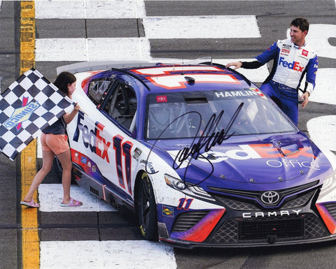AUTOGRAPHED 2022 Denny Hamlin #11 FedEx Racing POCONO RACE WIN (Checkered Flag with Daughter) Signed 8X10 Inch Picture NASCAR Glossy Photo with COA