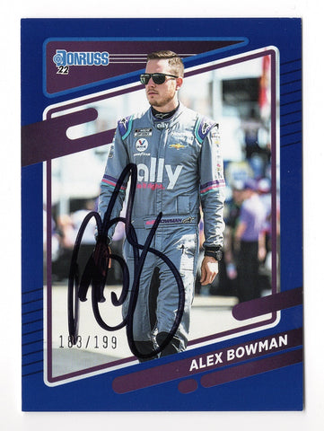 AUTOGRAPHED Alex Bowman 2022 Donruss Racing RARE BLUE PARALLEL (#48 Ally Team) Insert Signed Collectible NASCAR Trading Card with COA #183/199