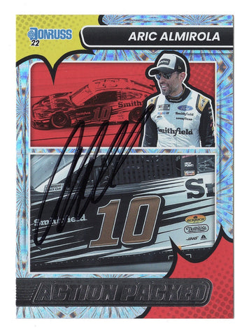 AUTOGRAPHED Aric Almirola 2022 Donruss Racing ACTION PACKED (#10 Smithfield Team) Rare Insert Signed NASCAR Collectible Trading Card with COA