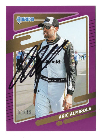 AUTOGRAPHED Aric Almirola 2022 Donruss Racing RARE PURPLE PARALLEL Insert Signed NASCAR Collectible Trading Card #05/49 with COA