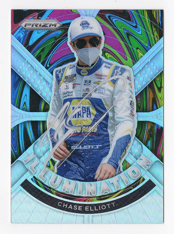 AUTOGRAPHED Chase Elliott 2021 Panini Prizm Racing ILLUMINATION Rare Silver Prizm Insert Signed NASCAR Collectible Trading Card with COA