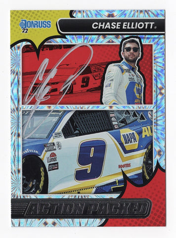 AUTOGRAPHED Chase Elliott 2022 Donruss Racing ACTION PACKED Rare Insert Signed NASCAR Collectible Trading Card with COA
