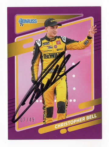 AUTOGRAPHED Christopher Bell 2022 Donruss Racing (#20 DeWalt Team) RARE PURPLE PARALLEL Insert Signed NASCAR Collectible Trading Card with COA #07/49
