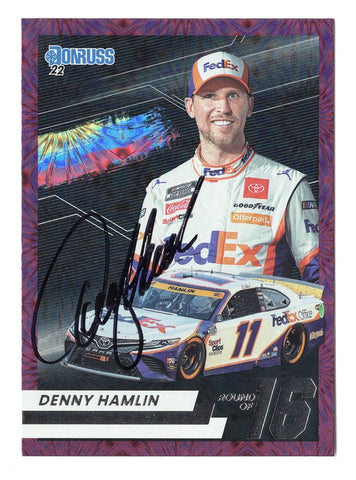 AUTOGRAPHED Denny Hamlin 2022 Donruss Racing PLAYOFFS ROUND OF 16 (#11 FedEx Team) Rare Insert Signed NASCAR Collectible Trading Card with COA