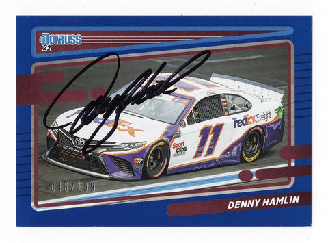 AUTOGRAPHED Denny Hamlin 2022 Donruss Racing RARE BLUE PARALLEL (#11 FedEx Car) Insert Signed NASCAR Collectible Trading Card #046/199 with COA