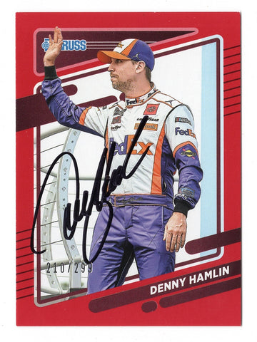AUTOGRAPHED Denny Hamlin 2022 Donruss Racing RARE RED PARALLEL (#11 FedEx Team) Insert Signed NASCAR Collectible Trading Card #210/299 with COA