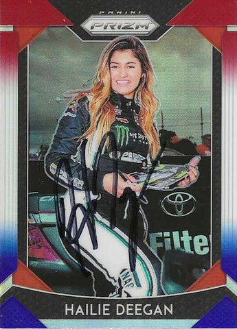 AUTOGRAPHED Hailie Deegan 2019 Panini Prizm Racing RED WHITE & BLUE PRIZM Rare Parallel Insert Signed Collectible NASCAR Trading Card with COA