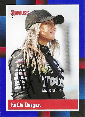 AUTOGRAPHED Hailie Deegan 2021 Donruss Racing 1988 RETRO BLUE BORDER PARALLEL Rare Insert Signed Collectible NASCAR Trading Card #024/199 with COA