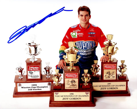 AUTOGRAPHED Jeff Gordon #24 DuPont Racing 3X NASCAR CHAMPION (Winston Cup Series Trophies) Vintage Signed 8X10 Inch Picture NASCAR Glossy Photo with COA