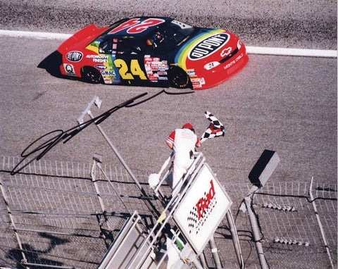AUTOGRAPHED Jeff Gordon #24 DuPont Racing RACE WIN FINISH LINE (Checkered Flag Victory) Vintage Signed 8X10 Inch Picture NASCAR Glossy Photo with COA