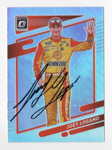 AUTOGRAPHED Joey Logano 2022 Donruss Optic Racing RARE SILVER PRIZM (#22 Pennzoil Team Penske) Insert Signed NASCAR Collectible Trading Card with COA