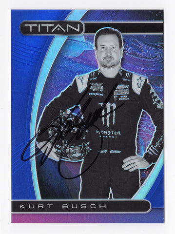 AUTOGRAPHED Kurt Busch 2021 Panini Chronicles Titan Racing RARE BLUE PARALLEL Insert Signed NASCAR Collectible Trading Card #015/199 with COA