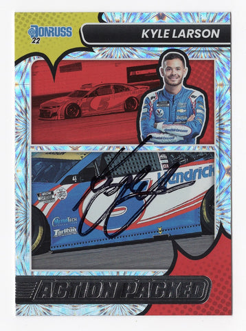 AUTOGRAPHED Kyle Larson 2022 Donruss Racing ACTION PACKED (#5 Hendrick Motorsports) Rare Insert Signed NASCAR Collectible Trading Card with COA