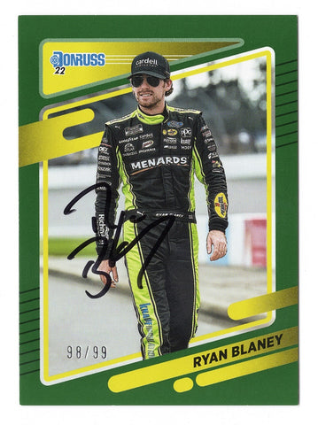 AUTOGRAPHED Ryan Blaney 2022 Donruss Racing RARE GREEN PARALLEL (Team Penske) Insert Signed NASCAR Collectible Trading Card #98/99 with COA