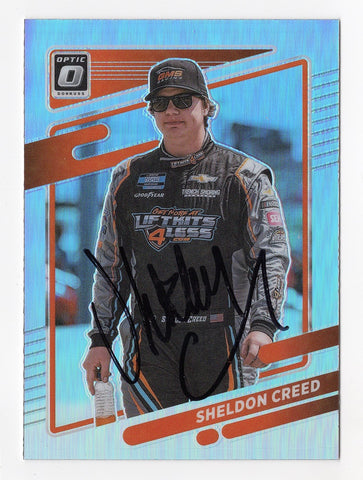 AUTOGRAPHED Sheldon Creed 2022 Donruss Optic Racing RARE SILVER PRIZM (GMS Truck Team) Signed NASCAR Collectible Trading Card with COA
