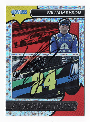 AUTOGRAPHED William Byron 2022 Donruss Racing ACTION PACKED (#24 Axalta Team) Rare Insert Signed NASCAR Collectible Trading Card with COA