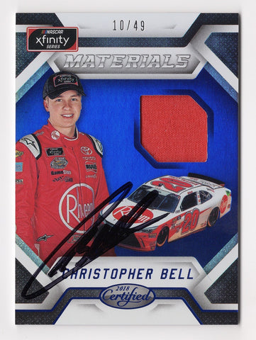 AUTOGRAPHED Christopher Bell 2018 Panini Certified Racing MATERIALS (Race-Used Firesuit) Xfinity Series Memorabilia Signed NASCAR Collectible Trading Card with COA #10/49